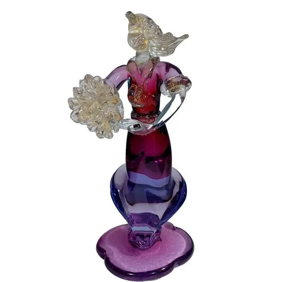 Vintage XL Murano Glass Woman Flower Bouquet Figurine Green Purple Pink 24k Gold - Picture 1 of 14